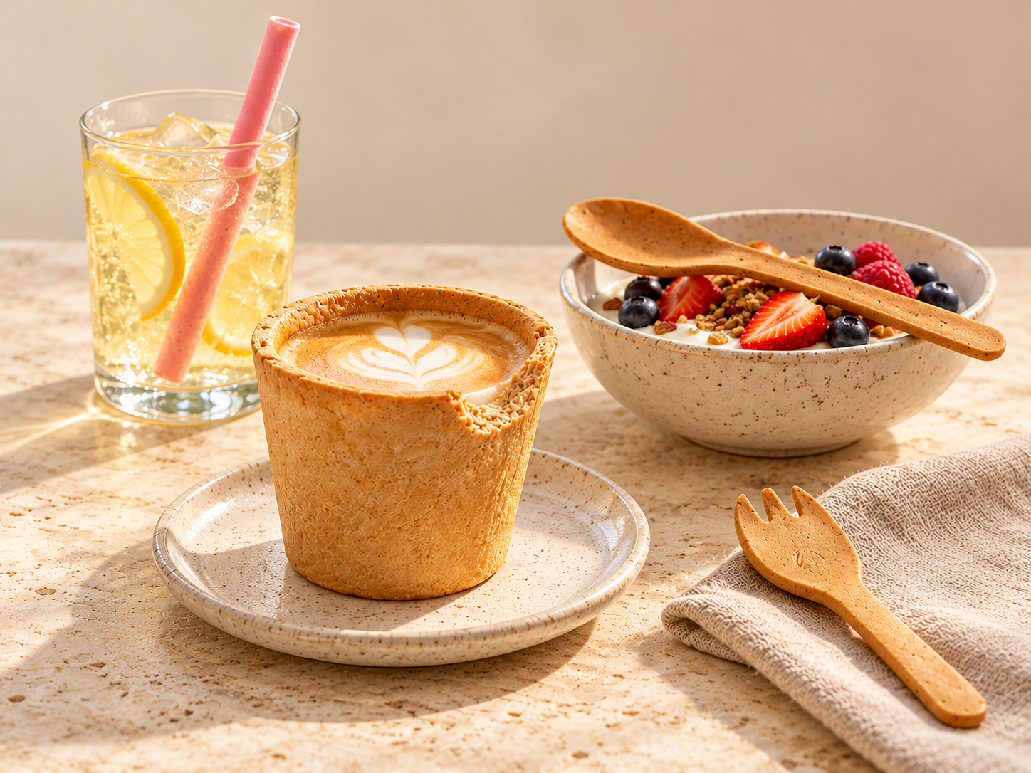 A minimal cream tabletop with an edible biscuit coffee cup, edible spoon and fork-style spork, and a lemon drink with a pink edible straw