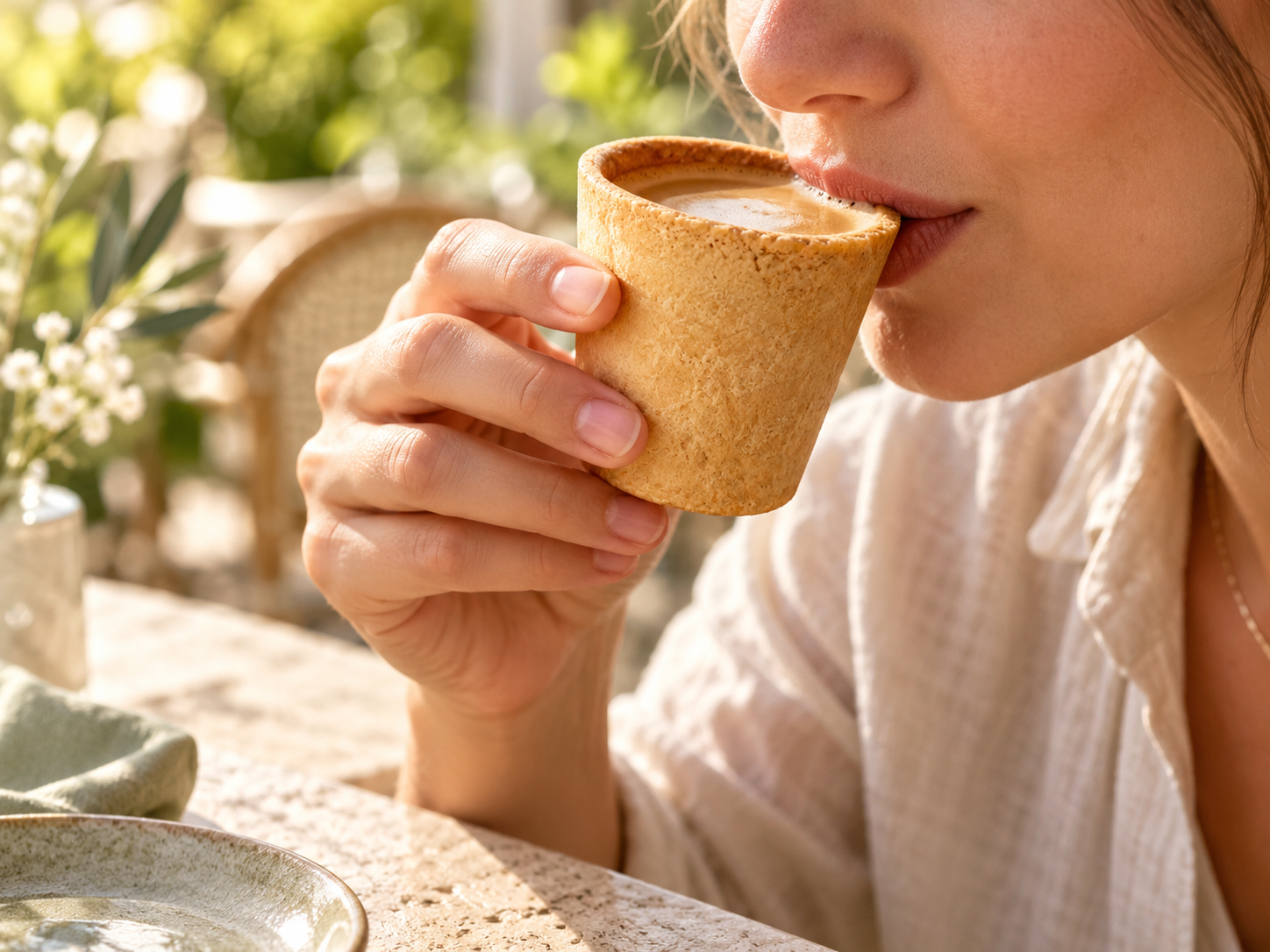 A person sipping coffee from a golden edible biscuit cup