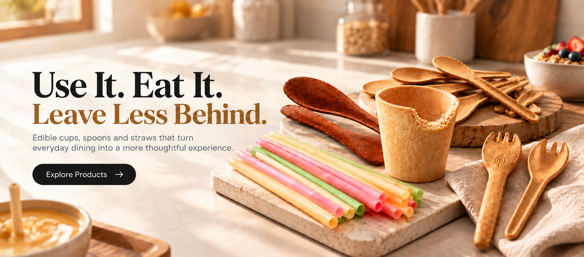 Edible cups, spoons and colourful straws on a sunlit table. Use It. Eat It. Leave Less Behind. Edible cups, spoons and straws that turn everyday dining into a more thoughtful experience.