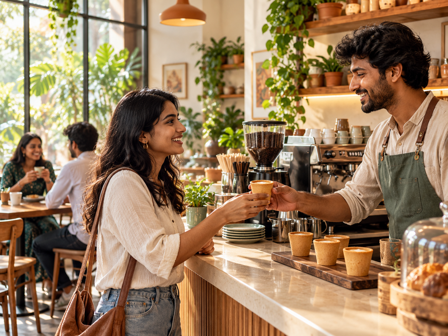 A barista serving coffee in an edible biscuit cup at a sunlit caf&eacute; counter