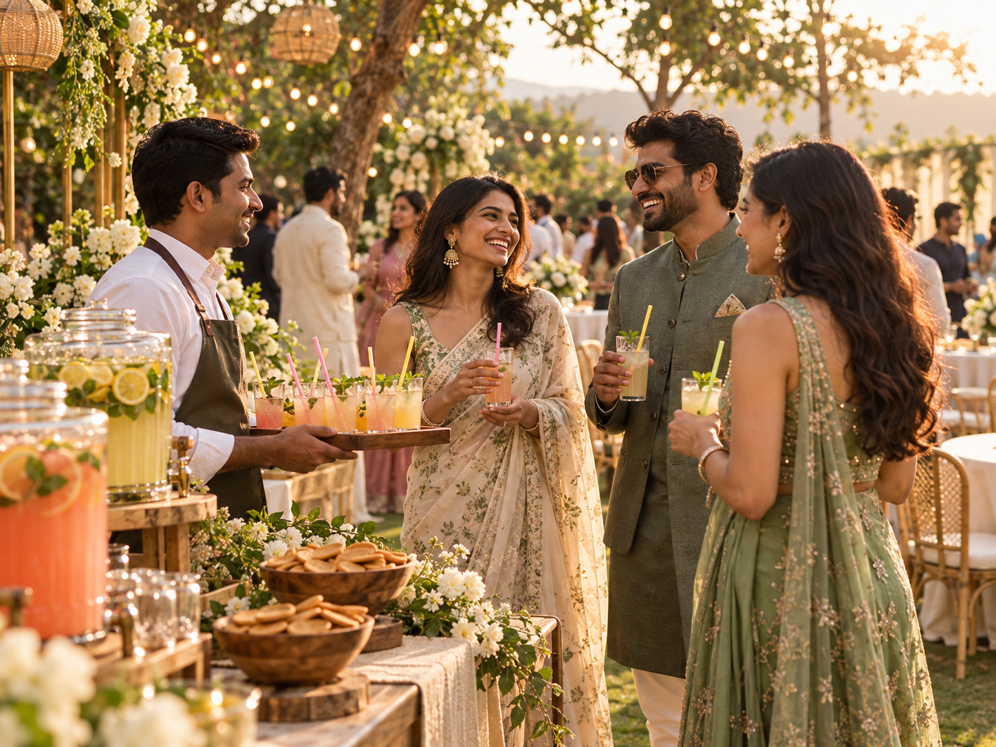 Guests enjoying drinks with colourful edible straws at an outdoor garden celebration