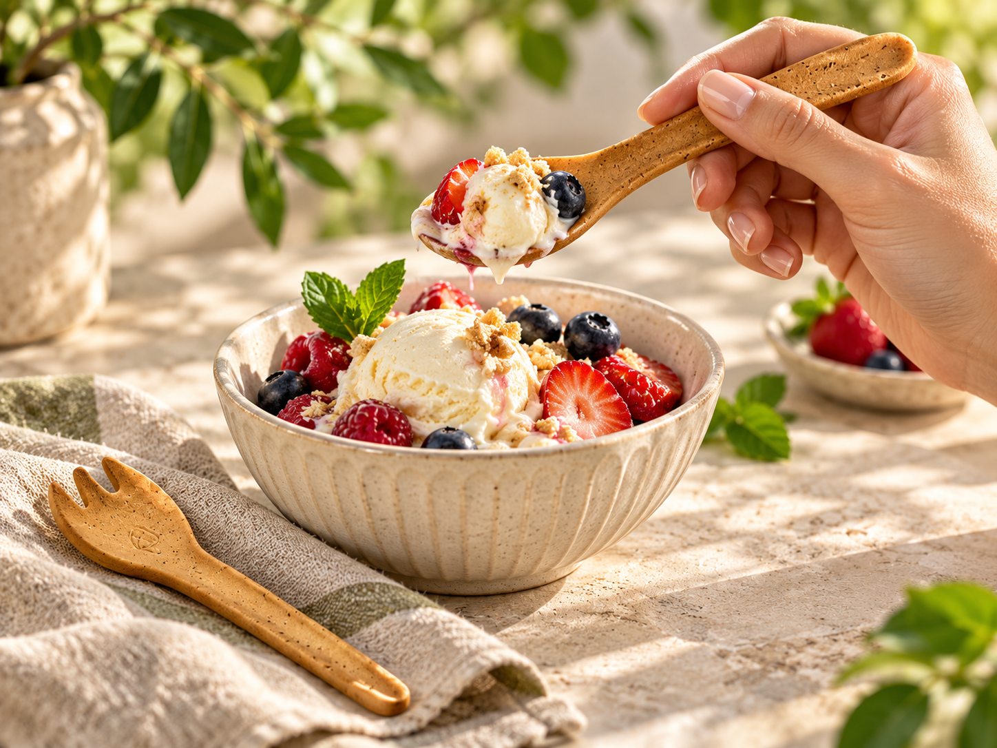 A hand scooping ice cream with an edible spoon, with an edible fork-style spork beside the bowl
