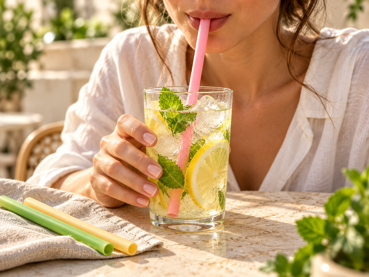 A person sipping a lemon and mint drink through a pink edible straw
