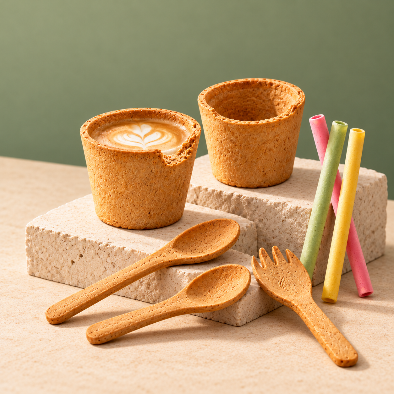Golden edible biscuit cups, spoons and a fork-style spork with pastel straws on limestone plinths against a sage-green backdrop